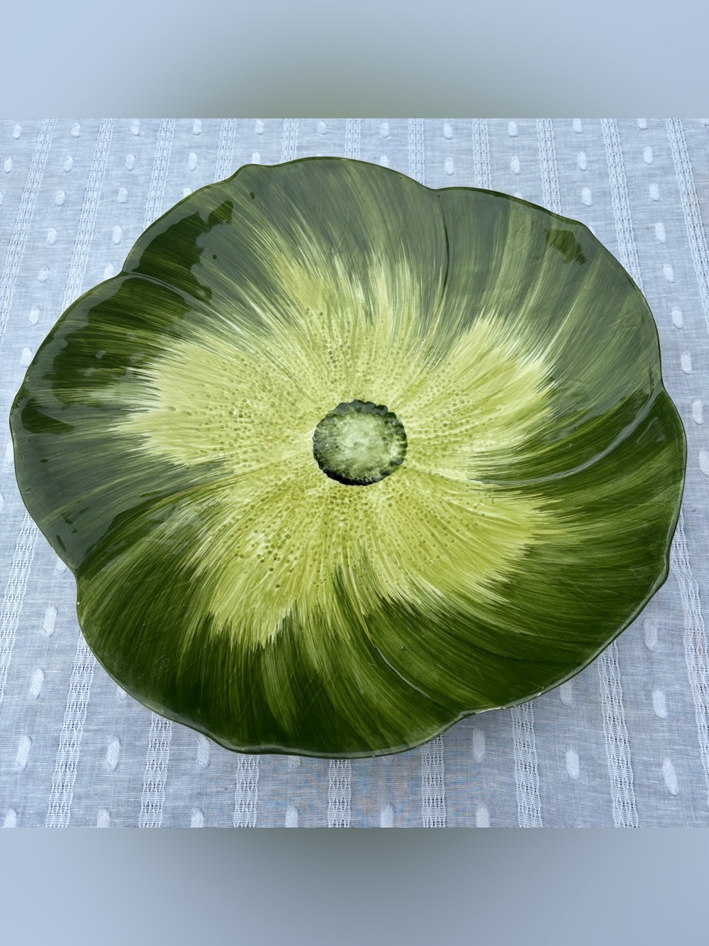 Large 16" Italian Ceramic Leaf Salad Bowl - Green Handpainted Figural Platter